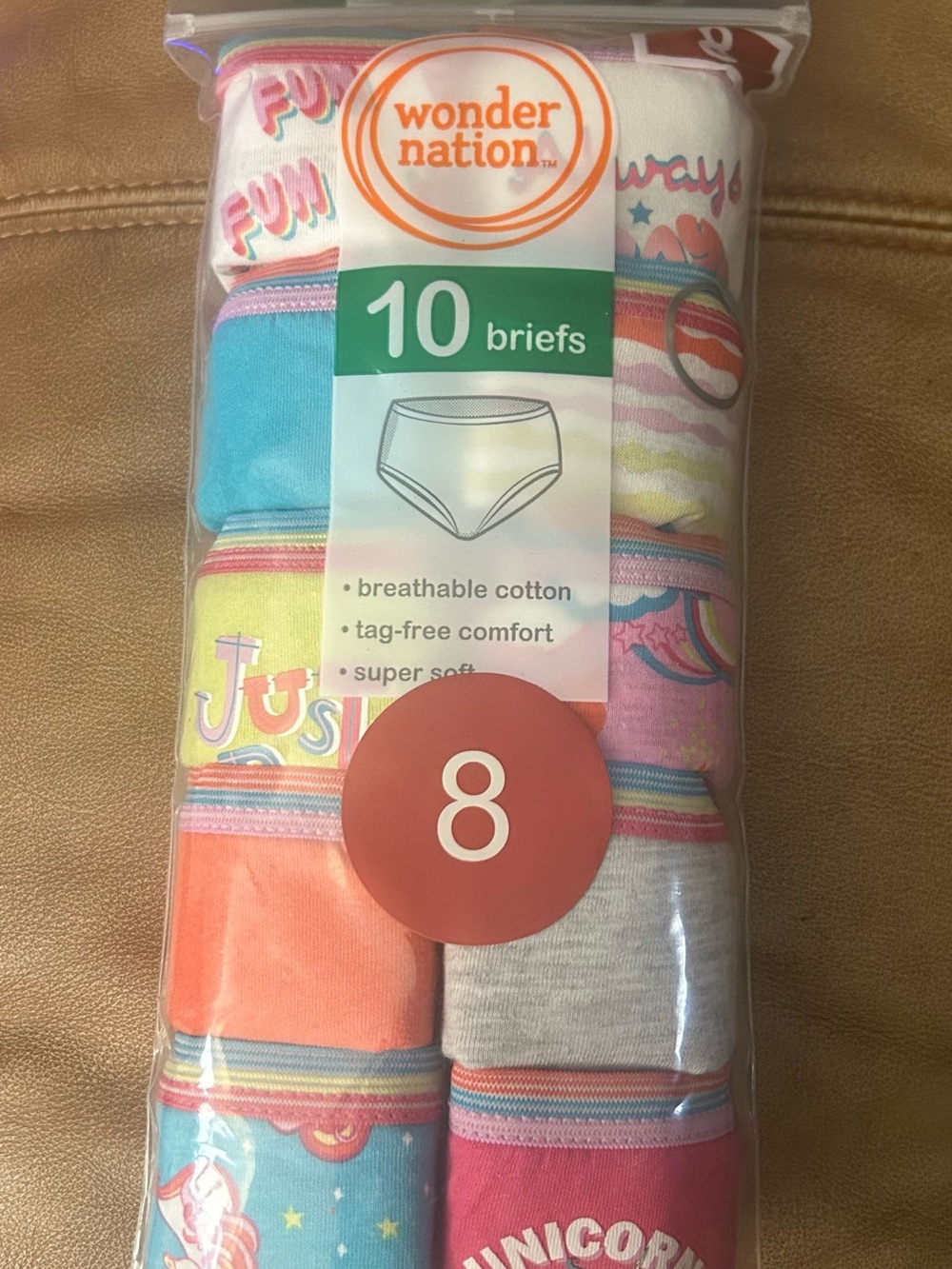 NWT- Wonder Nation Girls' 10-Pack Briefs - Multicolor. Size 8